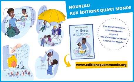 Couverture et illustration de l'album jeunesse illustré Un livre a disparu publié aux Editions Quart Monde.